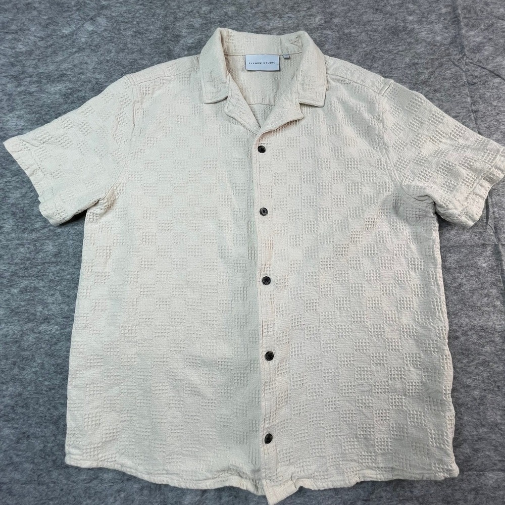 PLENUM STUDIO Mens XL Shirt Ivory Cotton Textured Thick Camp Shirt